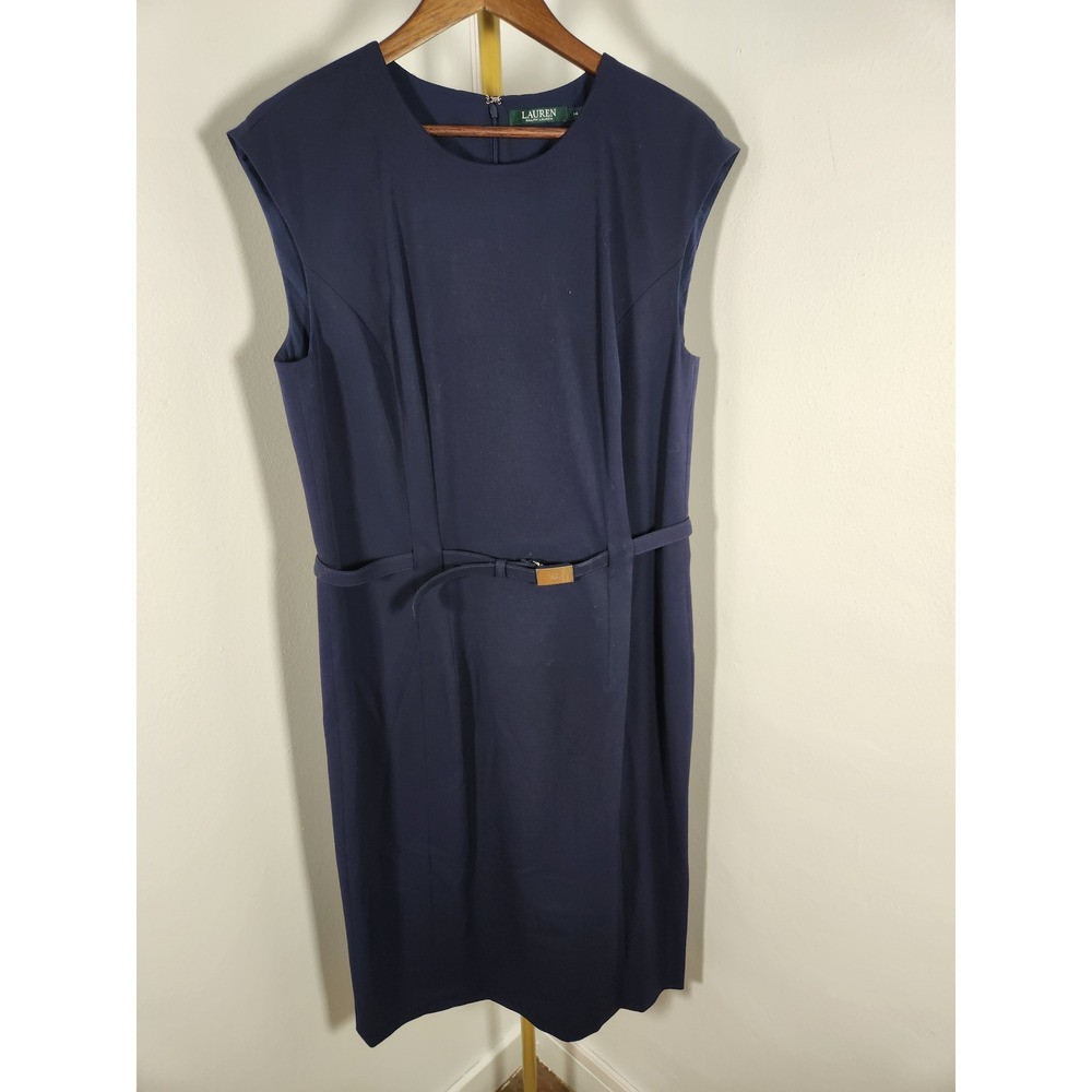 Lauren Ralph Lauren Navy Blue Sleeveless Belted Sheath Midi Dress Size 14
